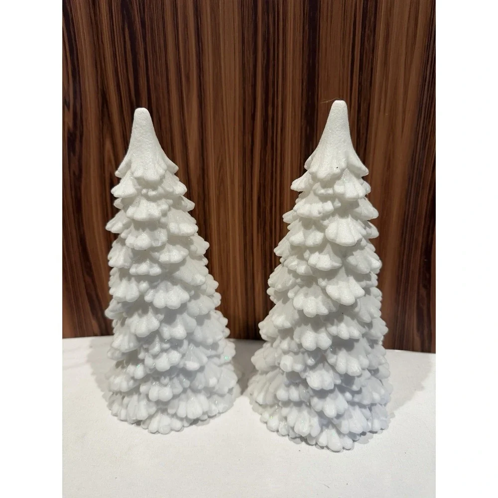 Set of 2 Lighted Color Changing LED Christmas Trees Glitter White Battery Operat